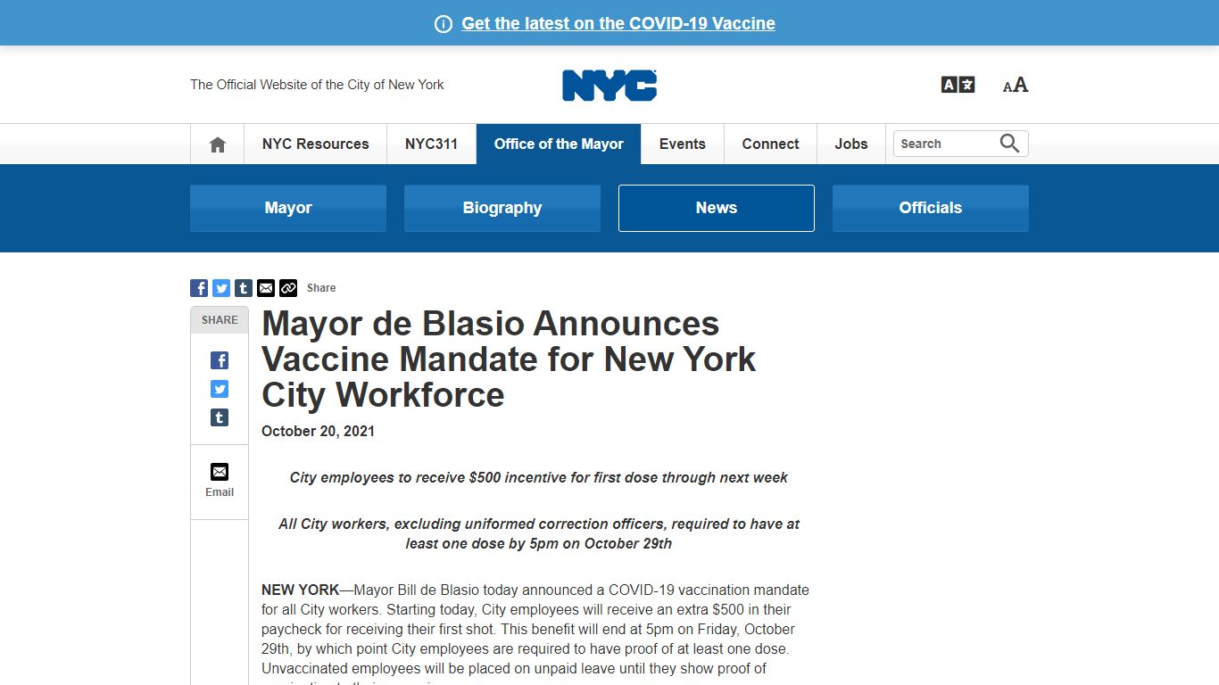 Mayor de Blasio Announces Vaccine Mandate for New York City Workforce